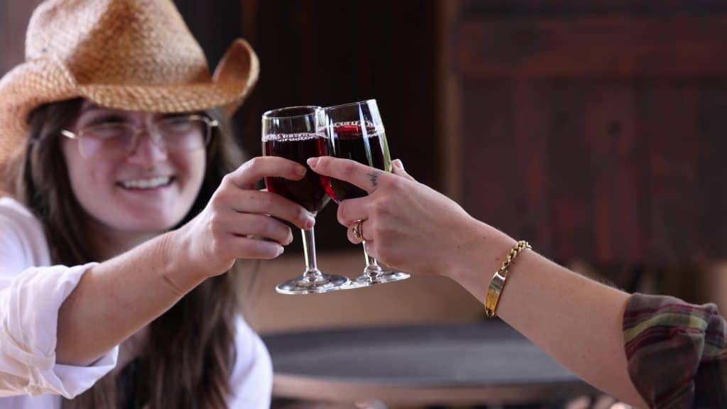 Two people are raising glasses filled with red wine in a toast. One person is wearing a straw hat, and the other has a bracelet. Both are smiling.