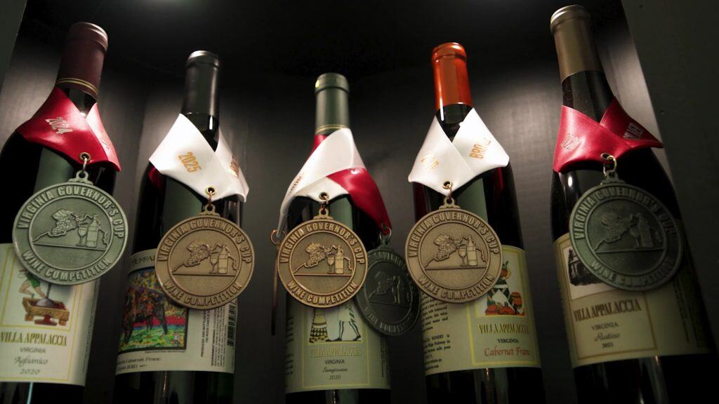 Five wine bottles displayed with medals, each featuring a ribbon and labels indicating Virginia Governor's Cup competitions for various years.